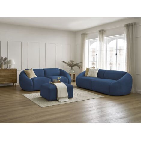 BOBOCHIC - Ensemble canapé droit fixe 3 + 2 places + fauteuil TINA velours côtelé avec pouf   Bleu foncé (1/5)