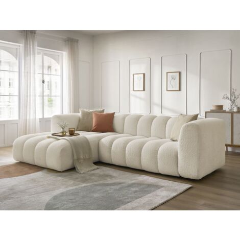 Bobochic – Canapé d'angle fixe 3 places en tissu bouclette – Longueur 288cm – Style moderne – Couleur beige – Assise capitonnée confortable (1/5)