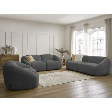 BOBOCHIC - Ensemble canapé droit fixe 3 + 2 places + fauteuil TINA tissu bouclette Gris foncé (1/5)