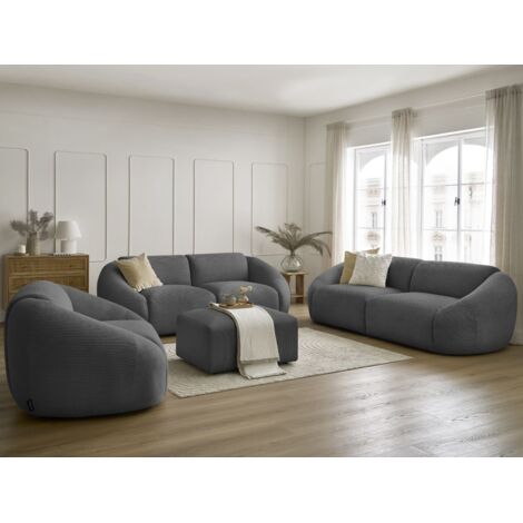 BOBOCHIC - Ensemble canapé droit fixe 3 + 2 places + fauteuil TINA velours côtelé avec pouf Gris foncé (1/5)