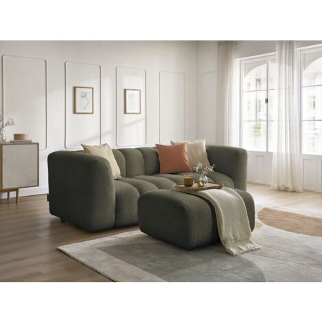 BOBOCHIC - Canapé droit fixe 3 places TALIA tissu bouclette avec pouf Vert (1/5)