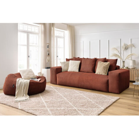BOBOCHIC - Canapé droit fixe 3 places VOLTAIRE velours côtelé avec pouf Orange (1/5)