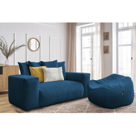 BOBOCHIC - Canapé droit fixe 2 places VOLTAIRE avec pouf   Bleu foncé (1/5)