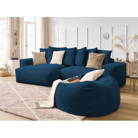 BOBOCHIC - Canapé d'angle réversible VOLTAIRE velours côtelé avec pouf Bleu foncé (1/5)