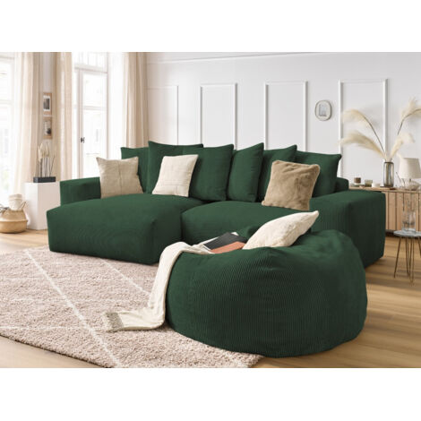 BOBOCHIC - Canapé d'angle réversible VOLTAIRE velours côtelé avec pouf   Vert (1/5)