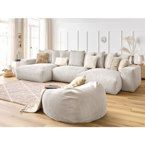 Bobochic – Canapé panoramique fixe 7 places velours côtelé beige – Structure en bois durable – Accoudoirs larges – Avec pouf inclus (1/5)