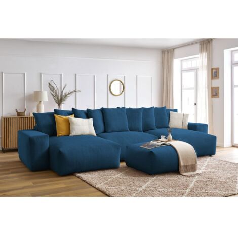 BOBOCHIC - Canapé panoramique convertible coffre VOLTAIRE avec pouf Panoramique Bleu foncé (1/5)