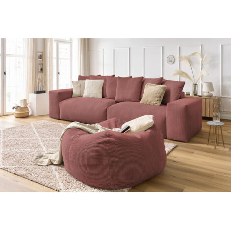 Canapé droit fixe BOBOCHIC - Canapé droit fixe 4 places VOLTAIRE velours côtelé avec pouf Rose (1/5)