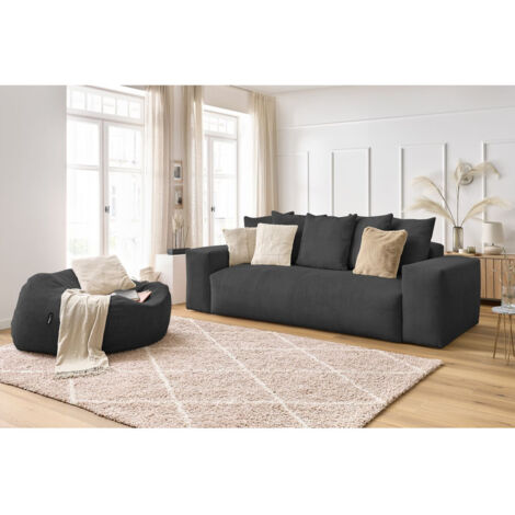 BOBOCHIC - Canapé droit fixe 3 places VOLTAIRE velours côtelé avec pouf   Gris foncé (1/5)
