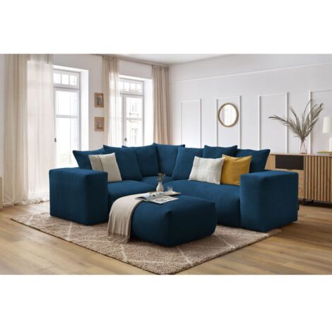 BOBOCHIC - Canapé d'angle fixe modulable VOLTAIRE avec 1 chauffeuse 2 places, 1 angle, 1 chauffeuse 1 place et 1 pouf Angle gauche Bleu foncé (1/5)