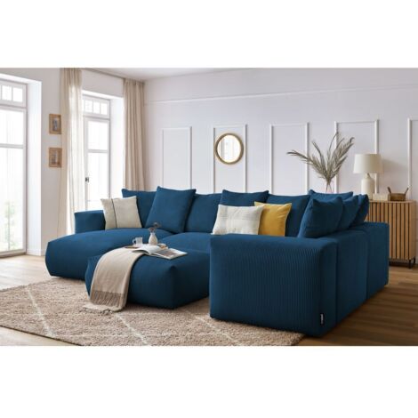 BOBOCHIC - Canapé panoramique fixe modulable VOLTAIRE avec 1 méridienne, 1 angle, 2 chauffeuses et 1 pouf Angle gauche Bleu foncé (1/5)