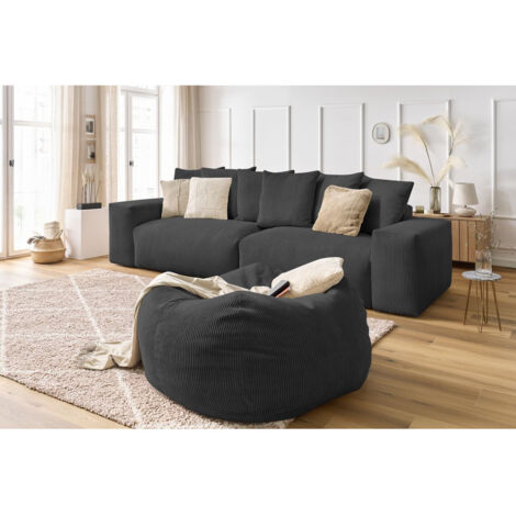 Canapé droit fixe BOBOCHIC - Canapé droit fixe 4 places VOLTAIRE velours côtelé avec pouf Gris foncé (1/5)