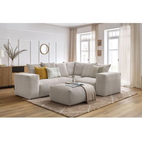 BOBOCHIC - Canapé d'angle fixe modulable VOLTAIRE avec 1 chauffeuse 2 places, 1 angle, 1 chauffeuse 1 place et 1 pouf Angle droit Beige (1/5)
