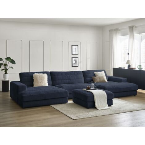 BOBOCHIC - Canapé panoramique fixe SIERRA tissu texturé avec pouf Bleu foncé (1/5)