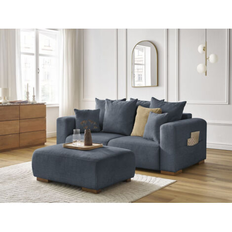 BOBOCHIC - Canapé droit fixe 2 places SIDONIE tissu chiné avec pouf   Bleu foncé (1/5)