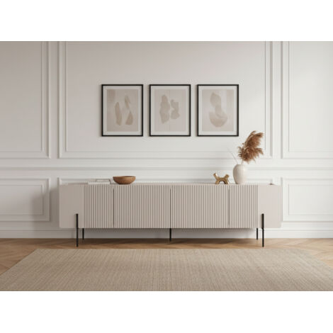 Bobochic – Meuble TV moderne 200 cm avec 2 portes et 2 tiroirs – Plateau effet marbre – Pieds en métal noirs – Finition mélaminé beige (1/5)