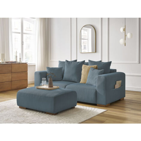 BOBOCHIC - Canapé droit fixe 2 places SIDONIE velours côtelé avec pouf   Bleu foncé (1/5)