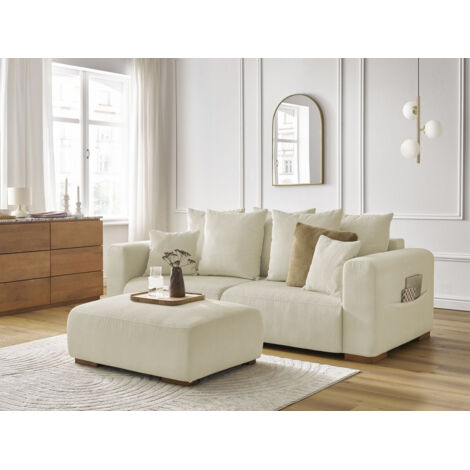 BOBOCHIC - Canapé droit fixe 3 places SIDONIE velours côtelé avec pouf   Beige (1/5)
