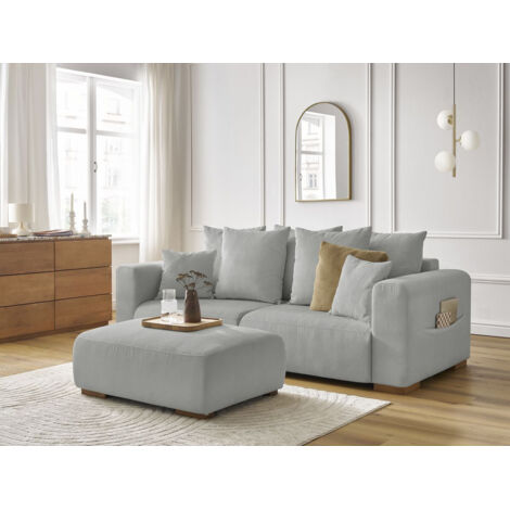 BOBOCHIC - Canapé droit fixe 3 places SIDONIE velours côtelé avec pouf   Gris clair (1/5)