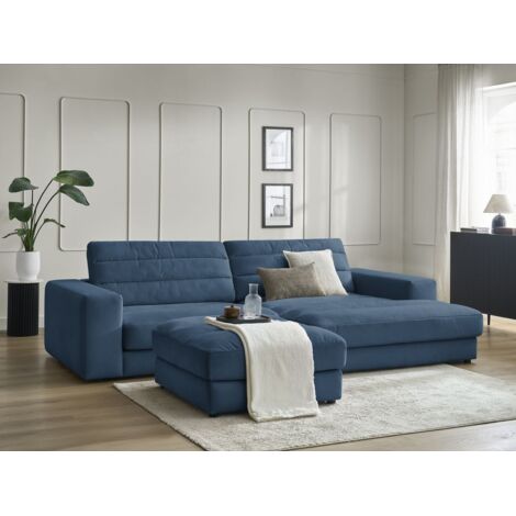 BOBOCHIC - Canapé d'angle fixe SIERRA velours avec pouf Angle droit Bleu foncé (1/5)