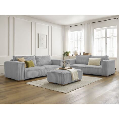 BOBOCHIC - Ensemble canapé droit fixe 3 + 2 places CHELSEA gros velours côtelé avec pouf Gris clair (1/5)
