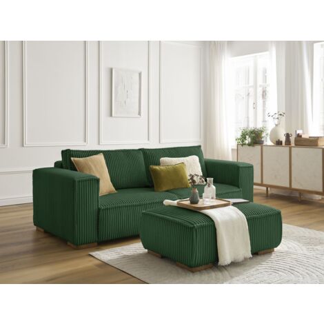 BOBOCHIC - Canapé droit fixe 3 places CHELSEA gros côtelé doux avec pouf Vert (1/5)
