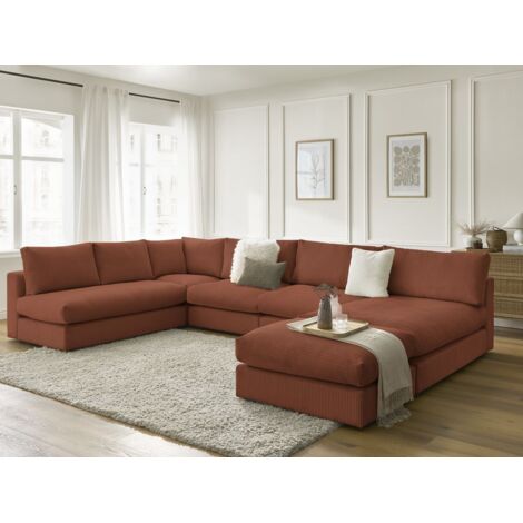 BOBOCHIC - Canapé d'angle modulable PARIS velours côtelé avec 3 chauffeuses, 1 méridienne, 1 angle, et 1 pouf Orange (1/5)