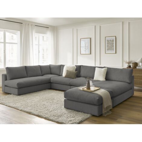 BOBOCHIC - Canapé d'angle modulable PARIS velours côtelé avec 3 chauffeuses, 1 méridienne, 1 angle, et 1 pouf Gris foncé (1/5)