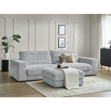 BOBOCHIC - Canapé droit fixe 3 places SIERRA tissu texturé avec pouf   Gris clair (1/5)