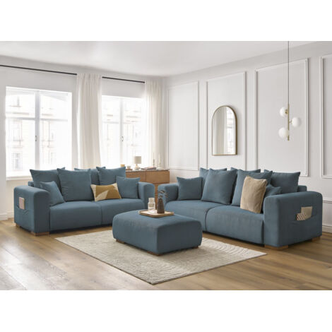 BOBOCHIC - Ensemble canapé droit fixe 3 + 2 places SIDONIE velours côtelé avec pouf   Bleu foncé (1/5)