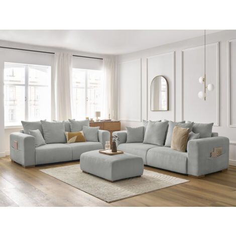 BOBOCHIC - Ensemble canapé droit fixe 3 + 2 places SIDONIE velours côtelé avec pouf Gris clair (1/5)