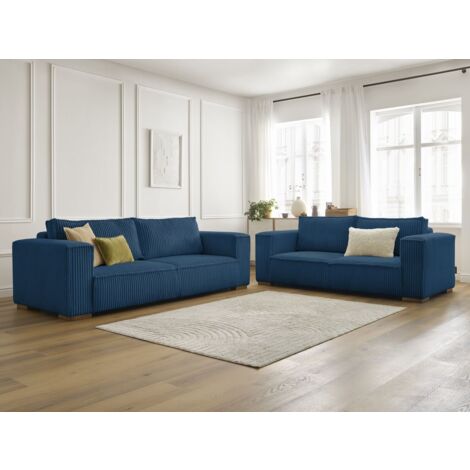 BOBOCHIC - Ensemble canapé droit fixe 3 + 2 places CHELSEA gros côtelé doux Bleu foncé (1/5)