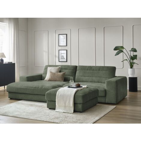 BOBOCHIC - Canapé d'angle fixe SIERRA tissu texturé avec pouf Angle gauche Vert foncé (1/5)