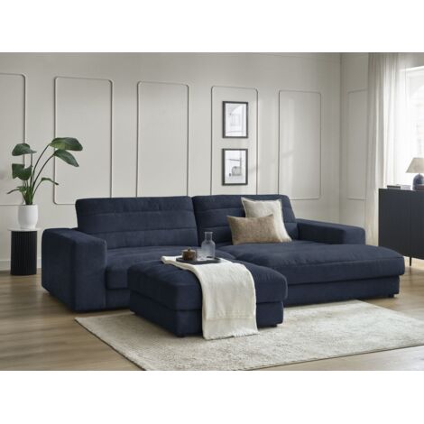 BOBOCHIC - Canapé d'angle fixe SIERRA tissu texturé avec pouf Angle droit  Bleu foncé (1/5)