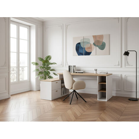 Bobochic – Bureau d'angle gauche PRAGUE – Longueur 183 cm – Largeur 141 cm – 2 tiroirs et 5 niches – Finition mat chêne et blanc