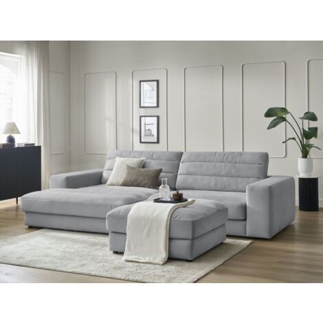 BOBOCHIC - Canapé d'angle fixe SIERRA velours avec pouf Angle gauche  Gris clair (1/5)