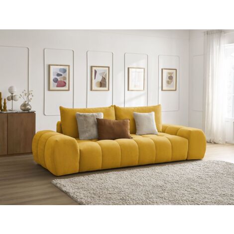 Bobochic – Canapé droit convertible 3 places avec coffre – Tissu texturé déperlant jaune – Longueur 278cm – Largeur de couchage 153cm (1/5)