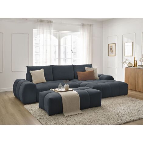 BOBOCHIC - Canapé d'angle convertible coffre EVEREST tissu texturé avec pouf Angle droit  Bleu (1/5)