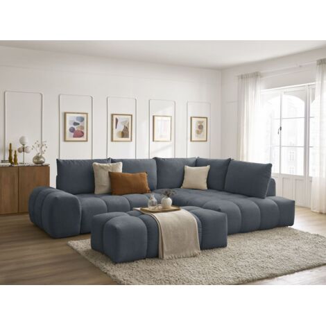 BOBOCHIC - Canapé d'angle L convertible coffre EVEREST tissu texturé avec pouf Angle droit  Bleu foncé (1/5)