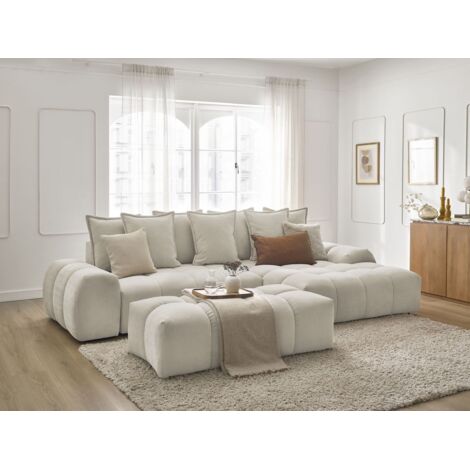 BOBOCHIC - Canapé d'angle convertible coffre EVEREST tissu texturé avec pouf Angle droit Beige (1/5)