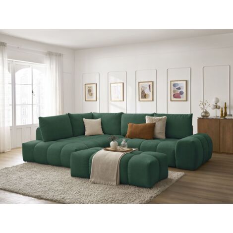 BOBOCHIC - Canapé d'angle L convertible coffre EVEREST tissu texturé avec pouf Angle gauche Vert (1/5)