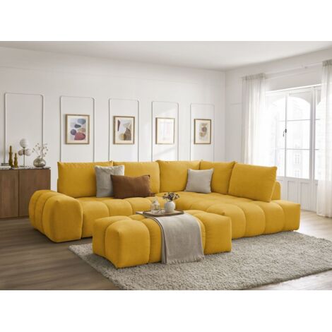 BOBOCHIC - Canapé d'angle L convertible coffre EVEREST tissu texturé avec pouf Angle droit Jaune (1/5)