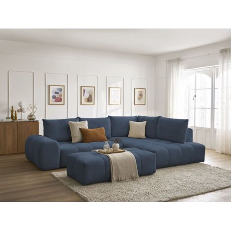 BOBOCHIC - Canapé d'angle L convertible coffre EVEREST tissu chiné avec pouf Angle droit  Bleu foncé (1/5)