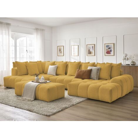 Bobochic – Canapé panoramique convertible coffre EVEREST – Tissu chiné – 5 places – Longueur 423cm – Largeur 212cm – Couleur jaune