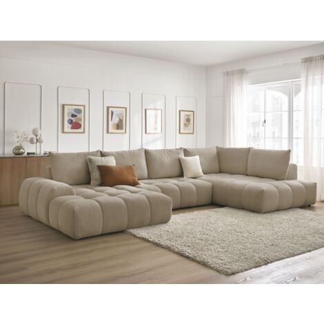 Bobochic – Canapé panoramique convertible coffre 6 places – Tissu texturé taupe – Longueur 423 cm – Design moderne et fonctionnel