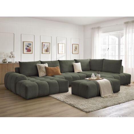 BOBOCHIC - Canapé panoramique convertible coffre EVEREST tissu chiné avec pouf Angle gauche Vert (1/5)