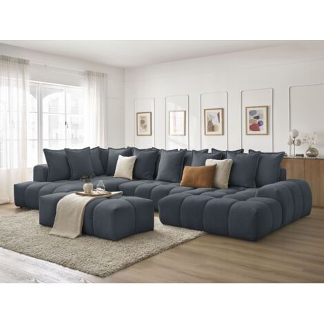 BOBOCHIC - Canapé panoramique convertible coffre EVEREST tissu texturé avec pouf Angle droit  Bleu foncé (1/5)