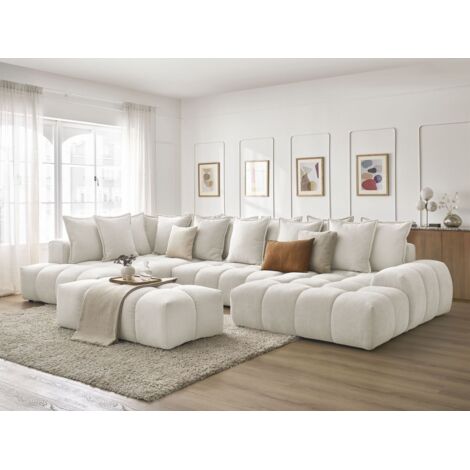 Bobochic – Canapé panoramique convertible 423 cm – 5 places – Tissu texturé déperlant – Coffre de rangement – Angle droit Blanc (1/5)