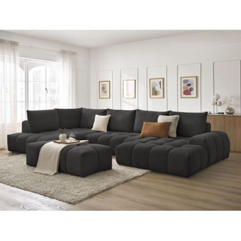 BOBOCHIC - Canapé panoramique convertible coffre EVEREST tissu texturé avec pouf Angle droit Noir (1/5)