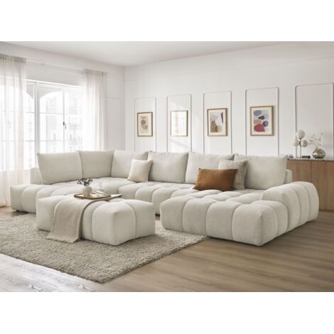 BOBOCHIC - Canapé panoramique convertible coffre EVEREST tissu texturé avec pouf Angle droit Beige (1/5)